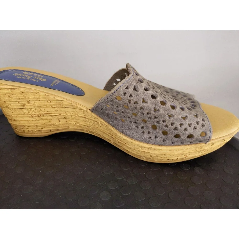 Spring Step Wedge Sandals Gray Leather Laser Cut Geometric Italy 42 10.5/11‎